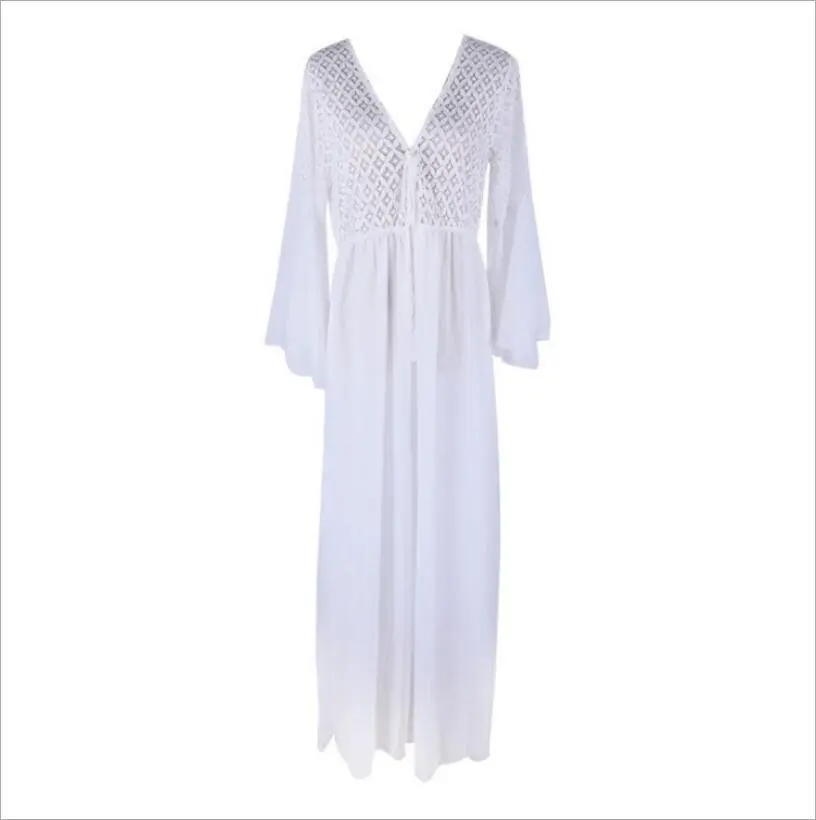 Long Flare Sleeve V-Neck White Hollow Lace Maxi Dress