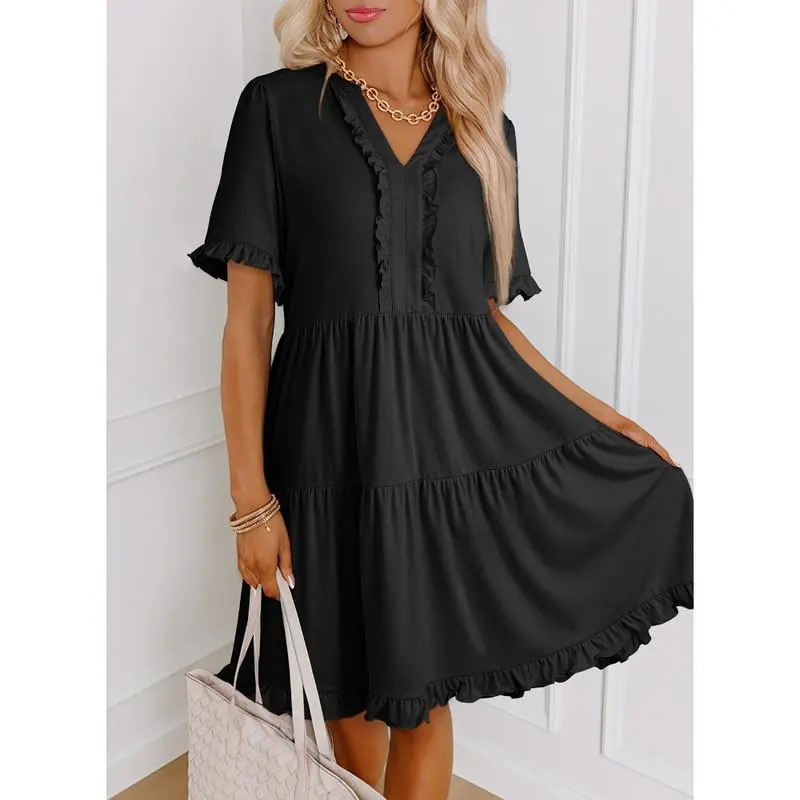 Womens Dresses 2025 Summer Spring V Neck Ruffle Short Sleeve Casual A-Line Flowy Swing Shift Dress Mini Dress