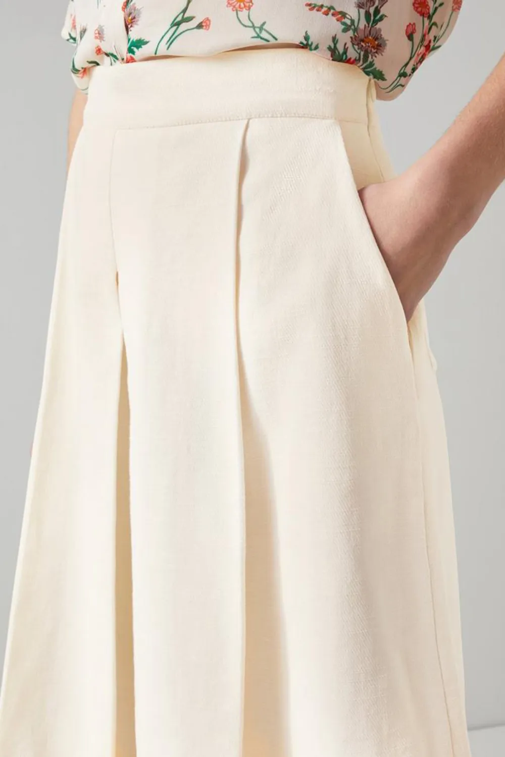 Beige Pleated Knee Length Shorts