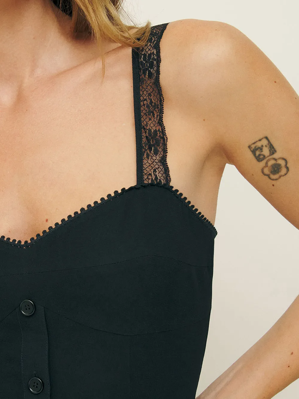 Button Front Lace Insert Sleeveless Midi Dress