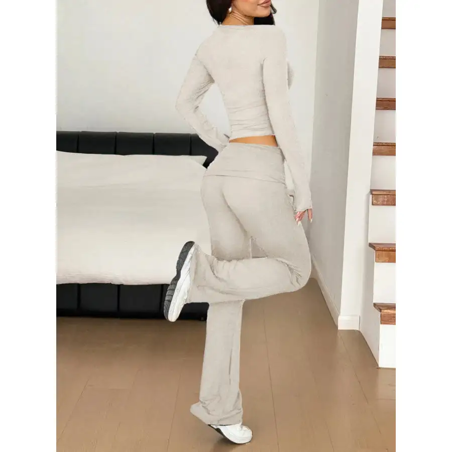 Long Sleeve Crop Top and Bootcut Pants Set