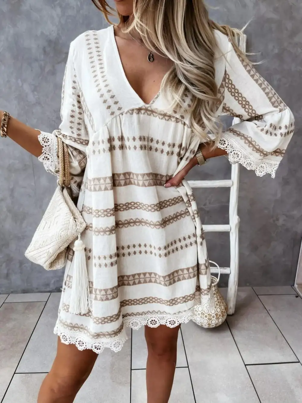 V-Neck Lace Trim Striped Midi Dress
