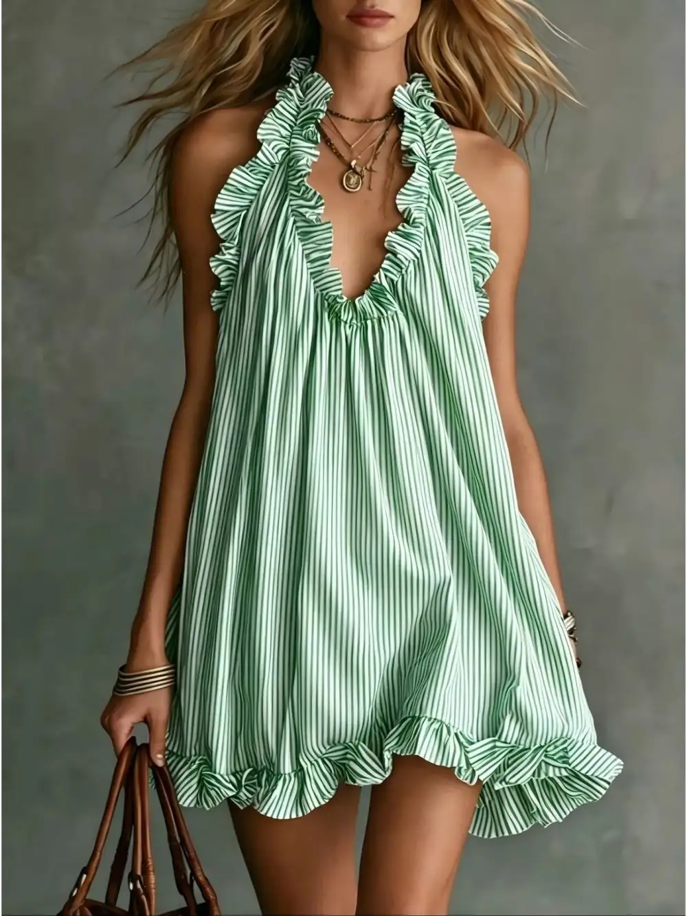 Ruffled Trim Halter Neck Mini Dress