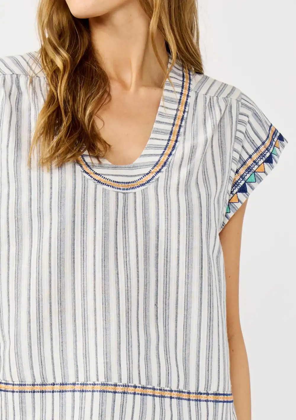 Embroidered Striped Crew Neck Blouse