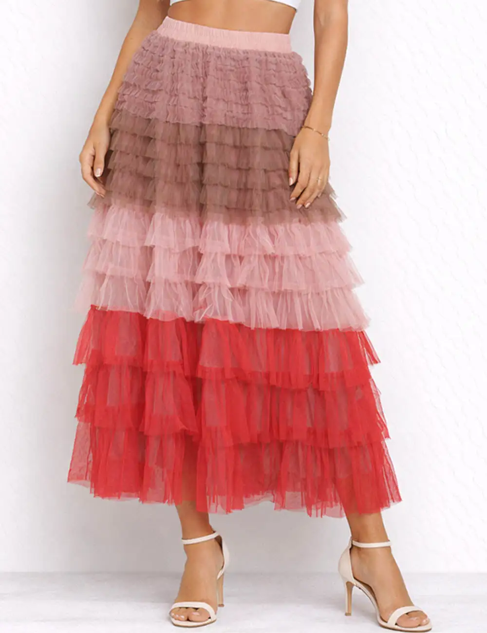 Chic Tiered Ruffle Mesh Midi Skirt