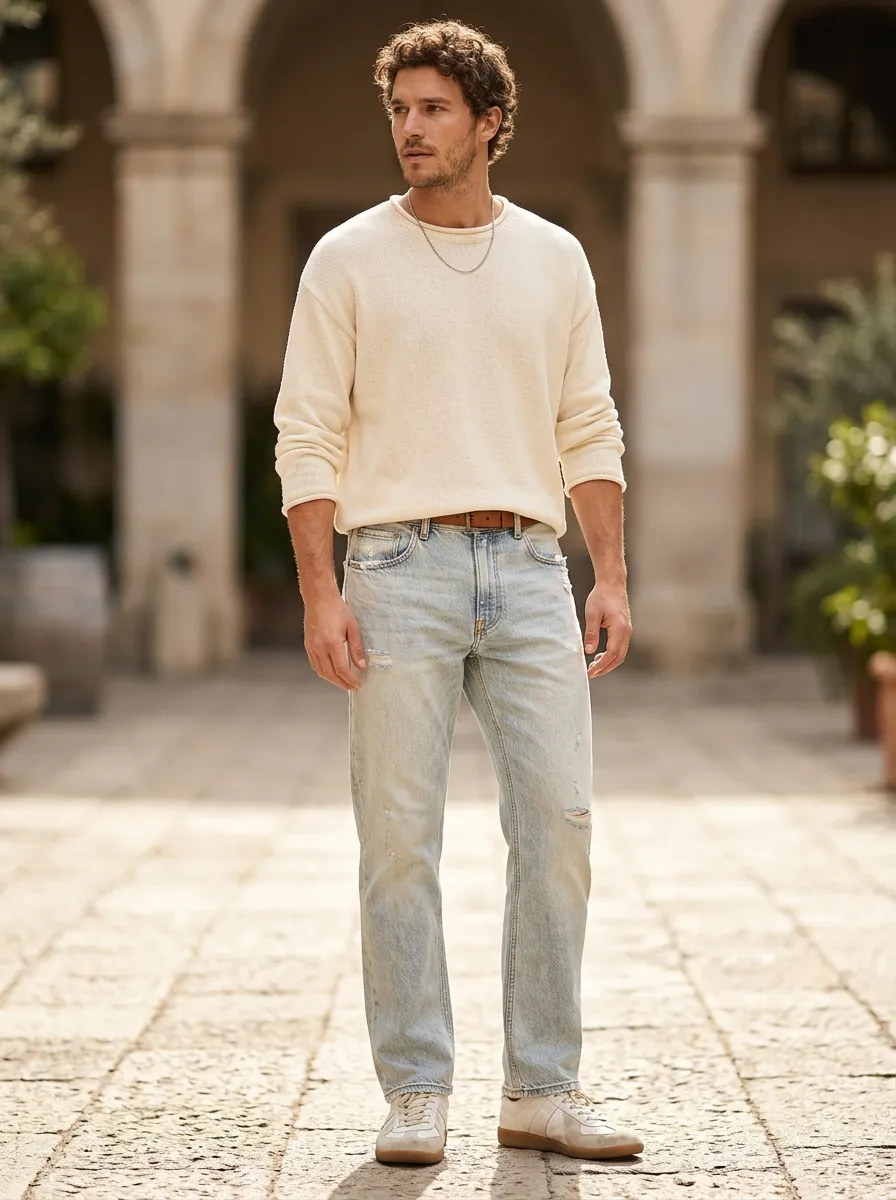 Men's Casual Fashion Light Wash Distressed Denim Jeans