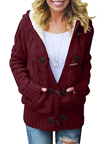 Womens 2025 Winter Hooded Cardigans Button Up Cable Knit Sweater Coat Outerwear with Pockets