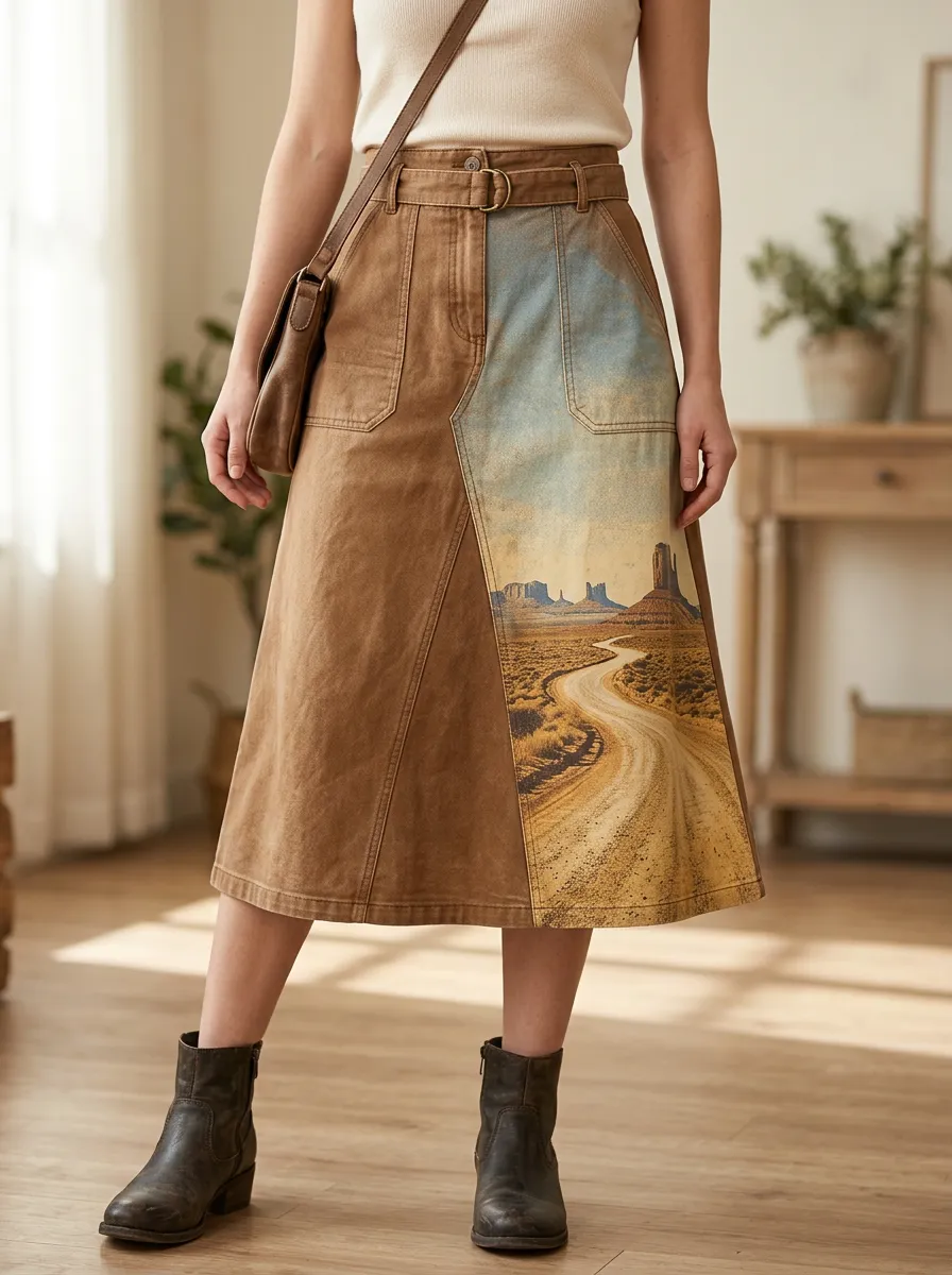 Women's Scenic Landscape Print A-Line Midi Skirt