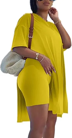 Women Plus Size 2 Piece Outfits Short Sleeve Tunic Tops And Skinny Biker Shorts Sets Tracksuits Womenswear Bodycon Split Hem Lounge