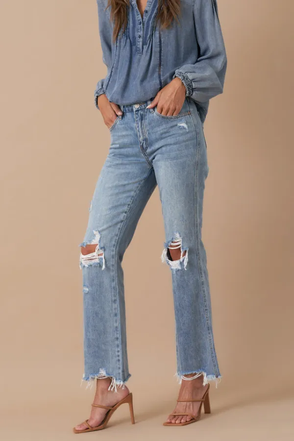 Women's Mid Rise Destroyed Distressed Cropped Flare Rigid Denim Jeans