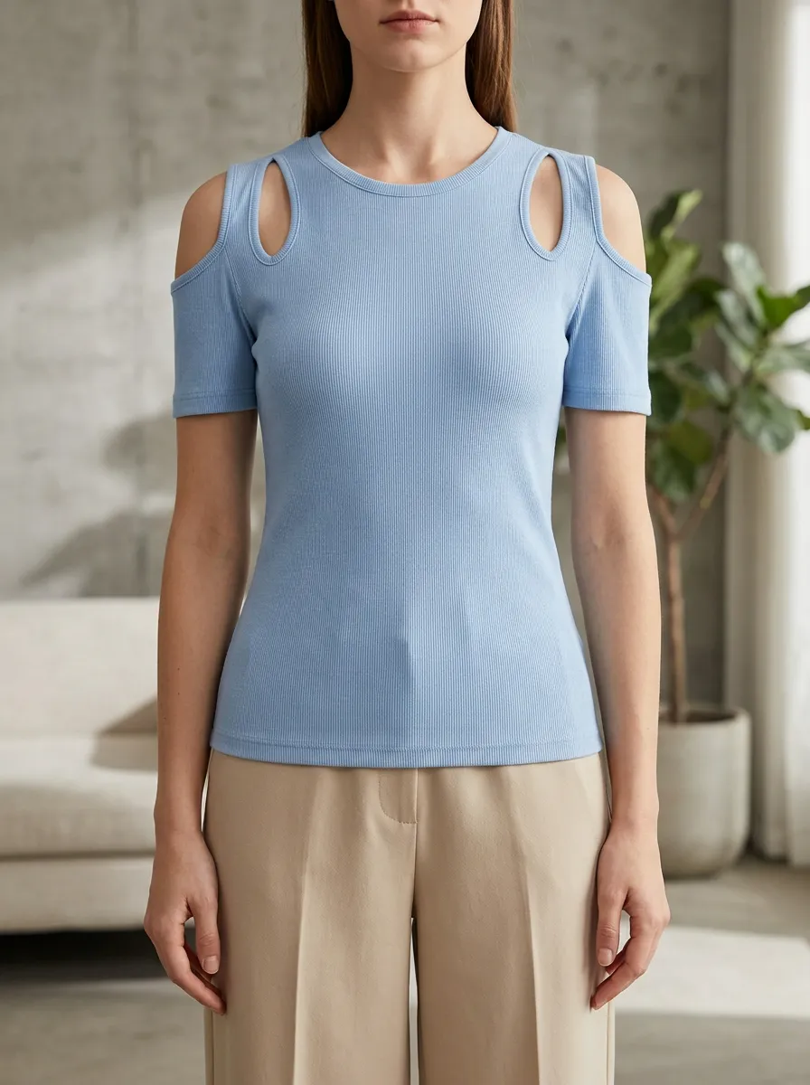 Women's Casual Blue Ribbed Cold Shoulder Short Sleeve Top