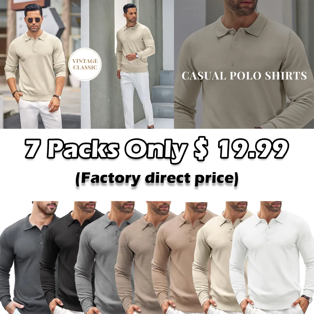 🧵 Men’s Soft Knit Long Sleeve Polo Shirt – Classic Style, Modern Comfort