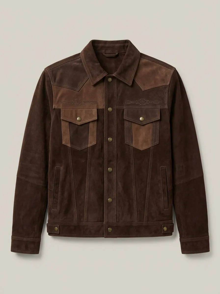 Men's Western Style Geometric Embroidered Suede Jacket