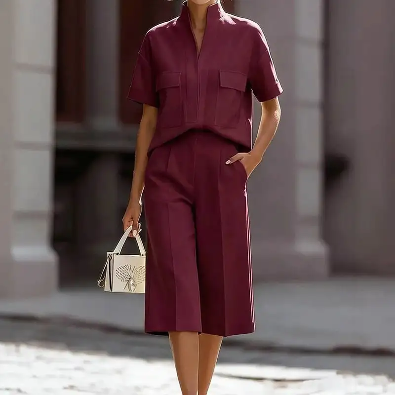 Women's Two-Piece Pocket Top & Culotte Pants Set