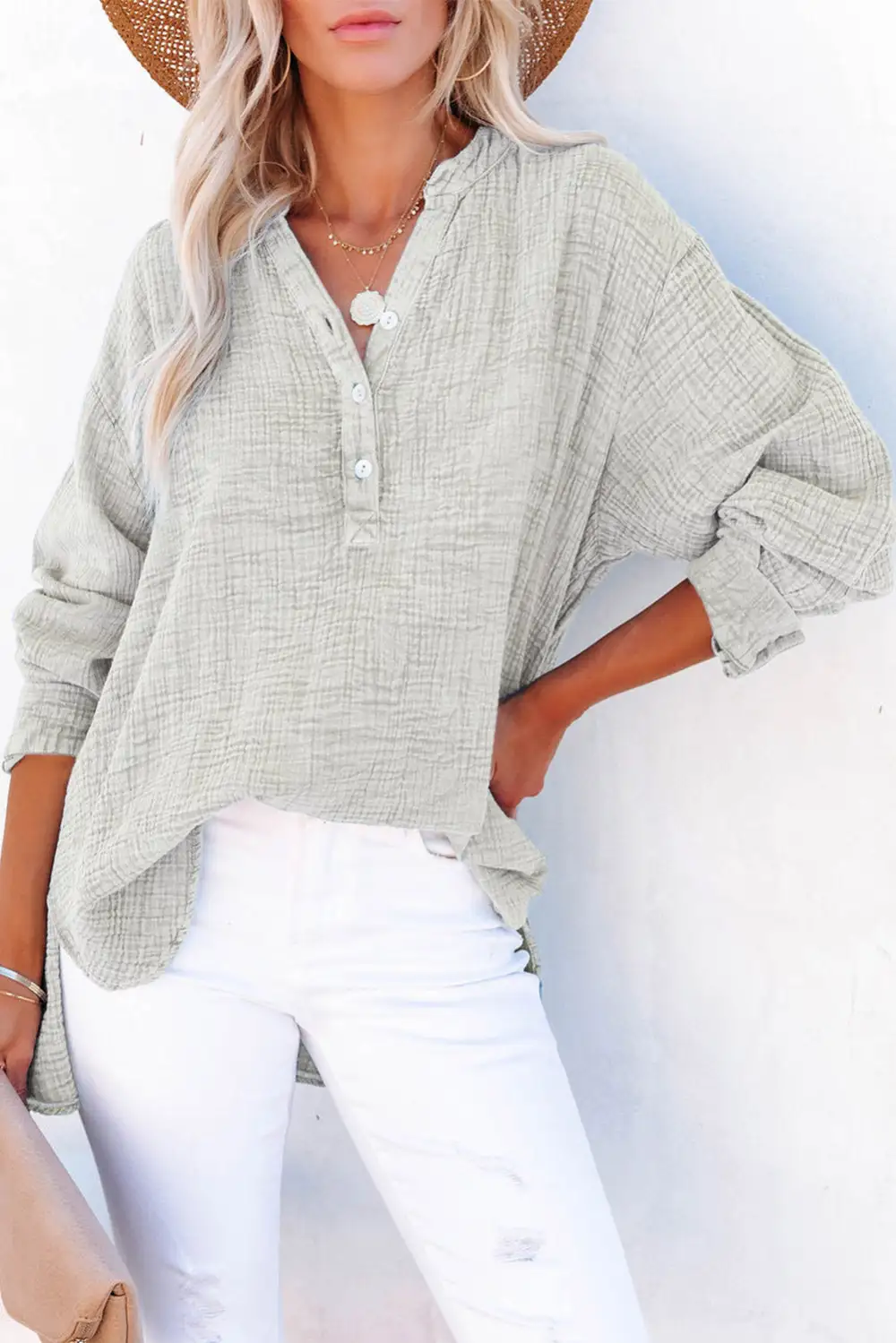 Easy Button Front V-Neck Blouse