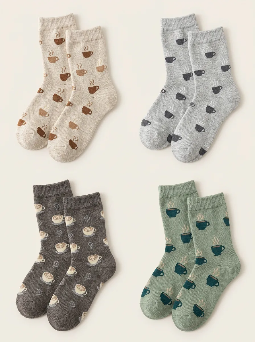 Women's Coffee Motif Ribbed Mid Calf Crew Socks Four Pair Set