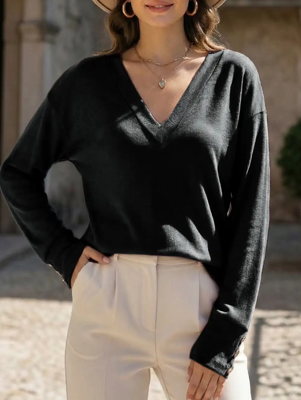 V Neck Button Loose Long Sleeve Tee