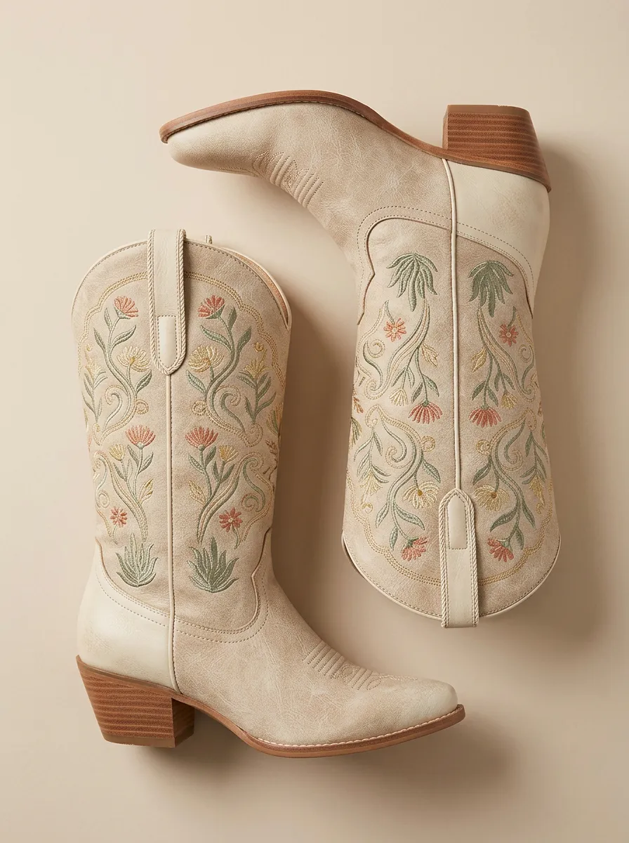 Women's Western Cowboy Floral Embroidery Floral Embroidered Cowgirl Boots
