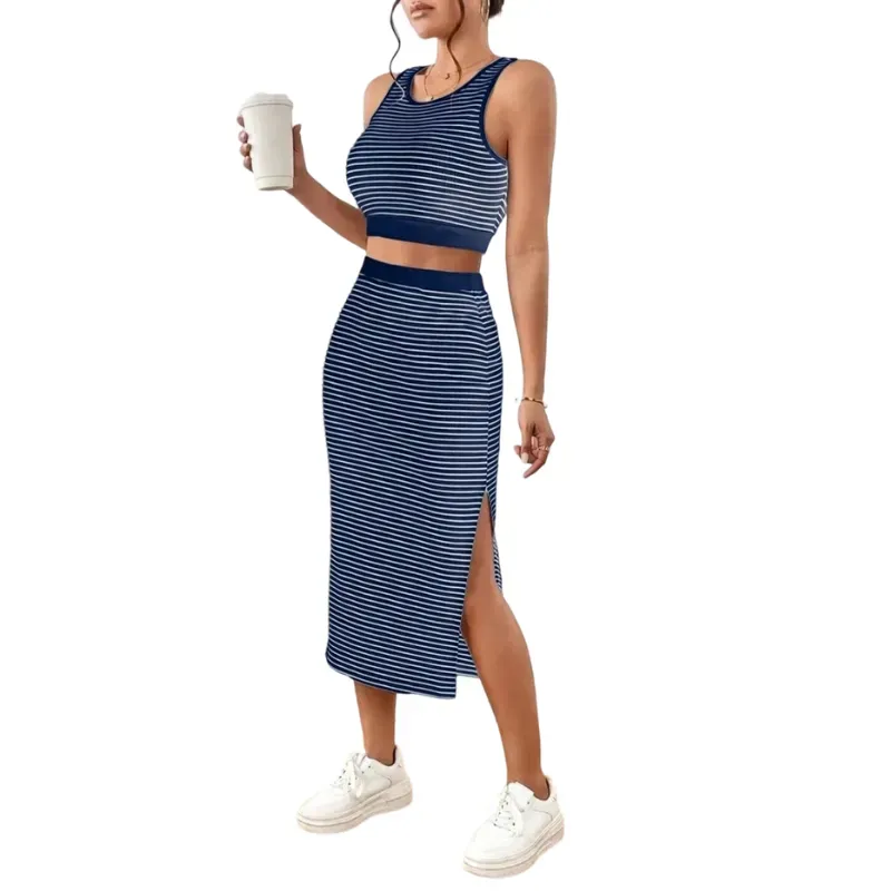 Women's Striped Print Crop Top & Skirt Two-Piece Set