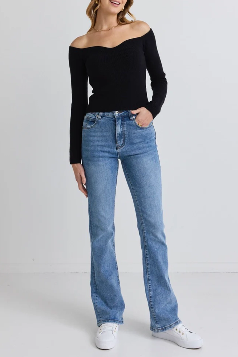 Black Rib Knit Off - Shoulder Top