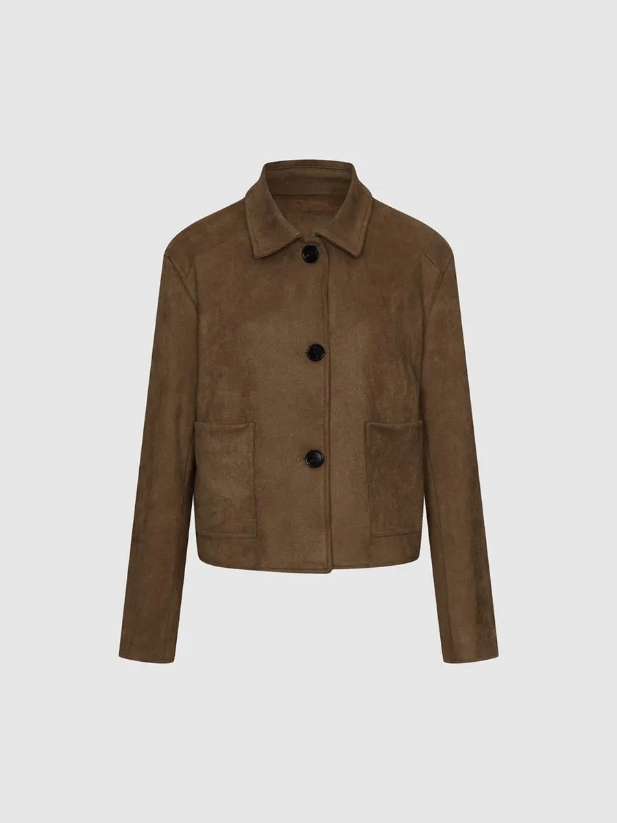 Ladies' Brown Loose Lapel Retro-Style Short Woolen Jacket