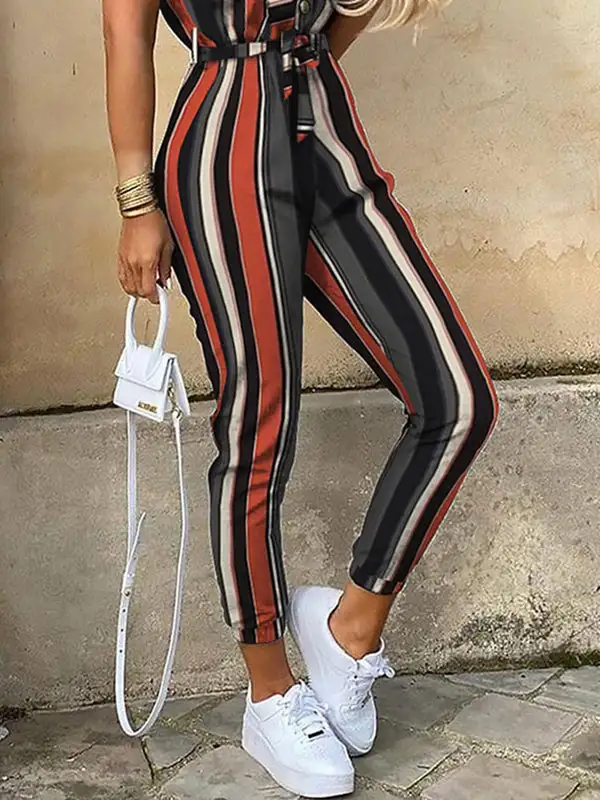 Losse Grote Maten Split Joint Gestreepte Taille Revers