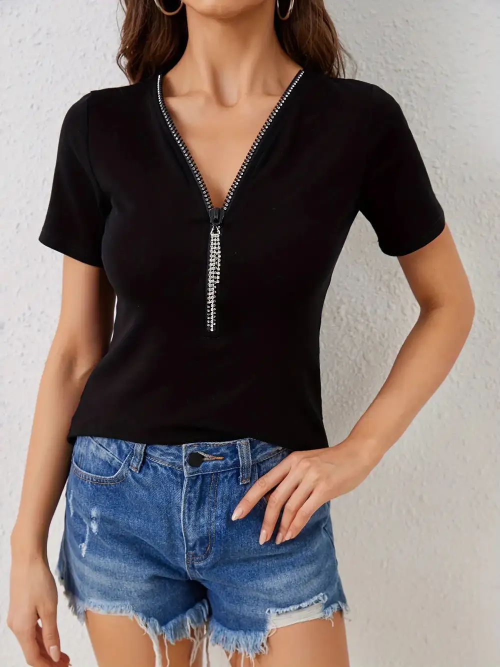 V-Neck Crew-Neck Short-Sleeve Lace-Detail T-Shirt