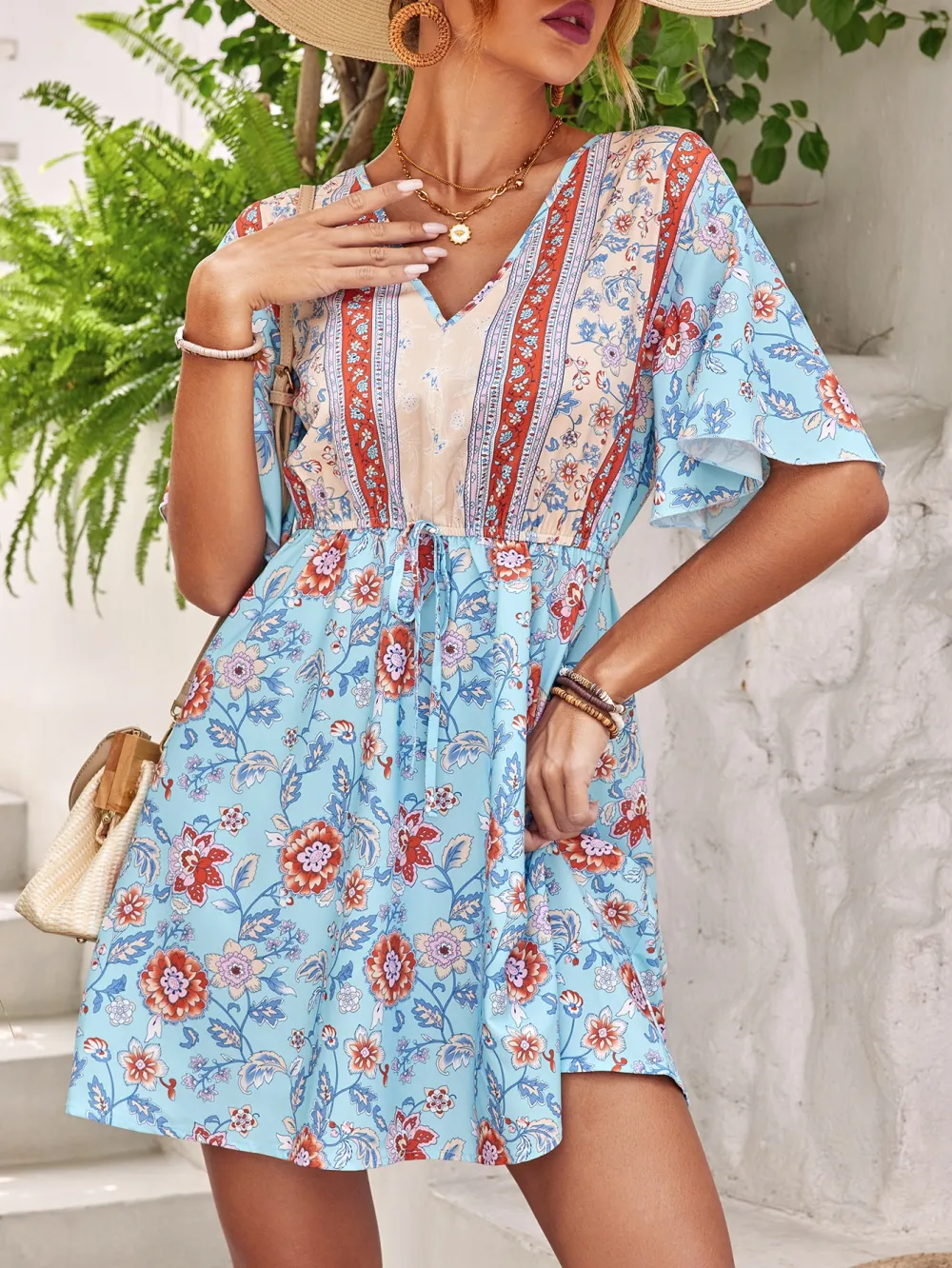 Plus Size Floral Print Butterfly Sleeve Tie Back Knot Front Dress
