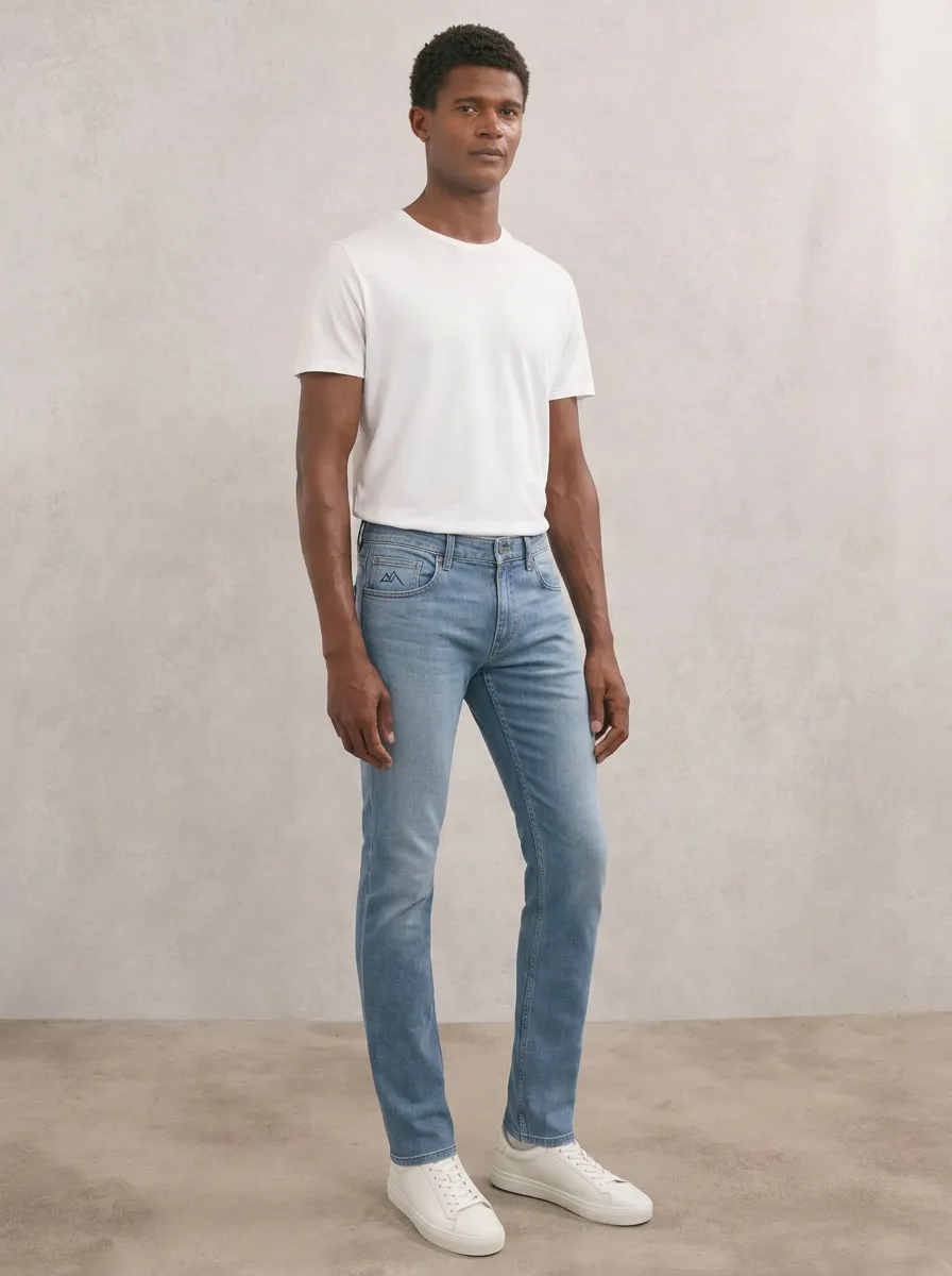 Men's Modern Weekend Mountain Logo Embroidered Stretch Denim Jeans