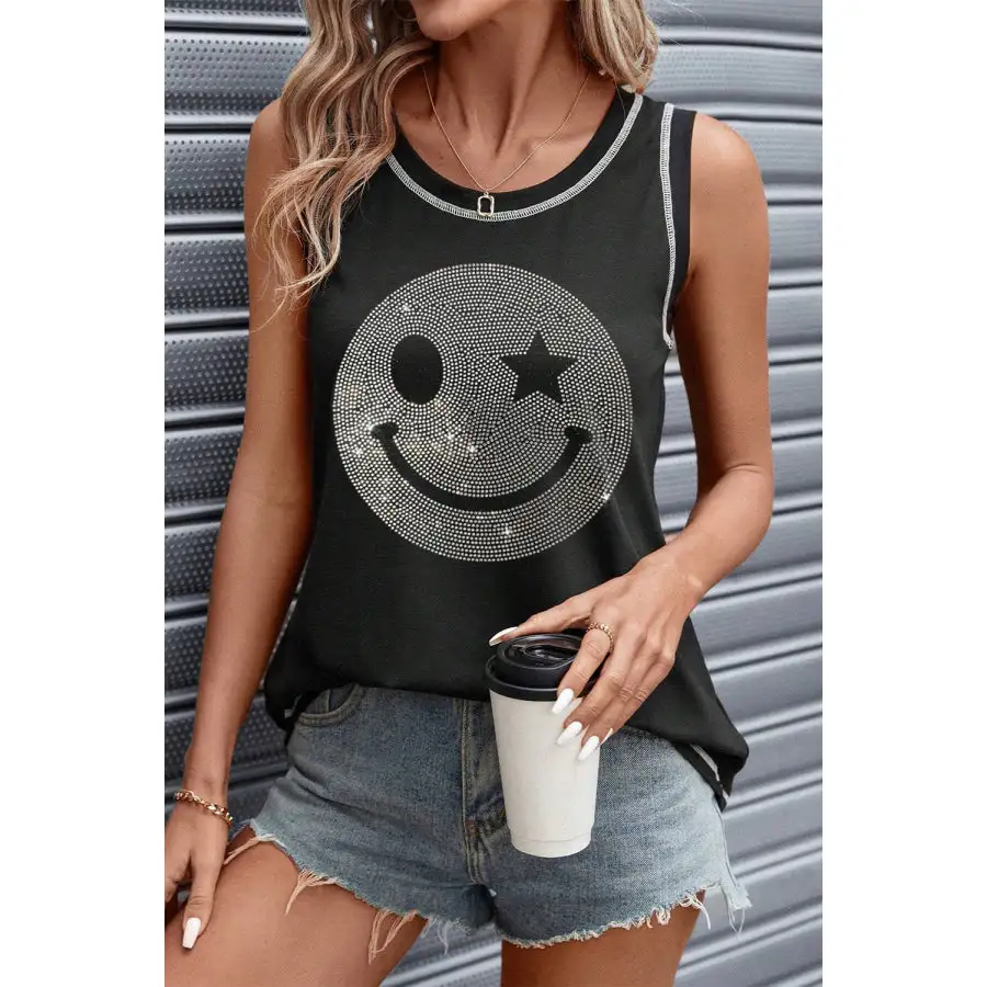 Rhinestone Smile Face Round Neck Tank