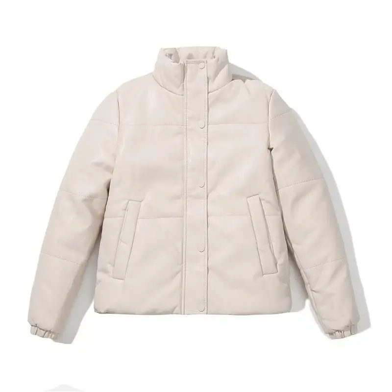 Relaxed Stand-Collar Zip-Front Faux-Leather Leather Casual Outerwear Jacket