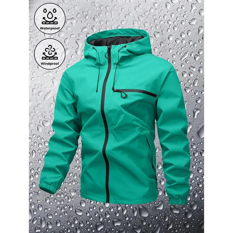 Men's Plain Waterproof Windproof Drawstring Zip Up Hooded Jacket, Casual Long Sleeve Zipper Pocket Design Outerwear for Outdoor Activities, Men's Clothes for All Seasons, Menswear m 65 jacket Stripe Print Baseball Bomber Jacket