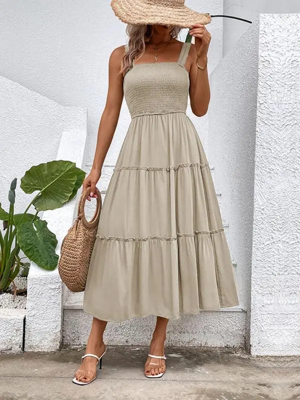 Women'S Frill Trim Ruffle Hem Shirred Backless Sundress Cami Dress, Sleeveless A Line Long Dress, Women'S Clothing For Summer Beach Holiday, Boho Clothes Women, Vintage Girly Clothes,