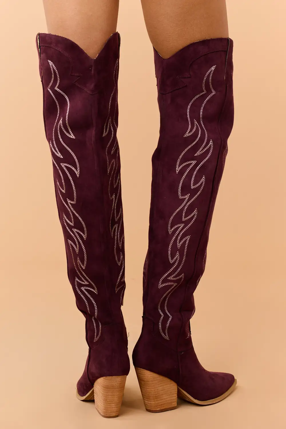 Wine Faux Suede Over Knee Embroidered Western Boots