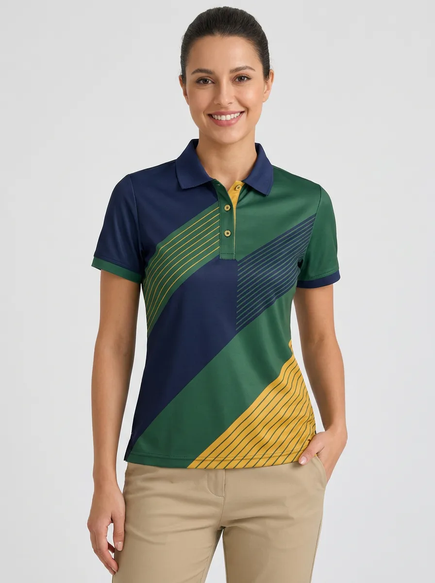 Women's Geometric Colorblock Diagonal Striped Printed Polo Shirt
