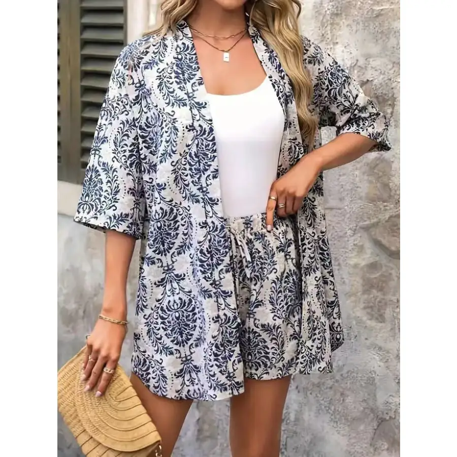 Printed Open Front Cardigan and Shorts Set