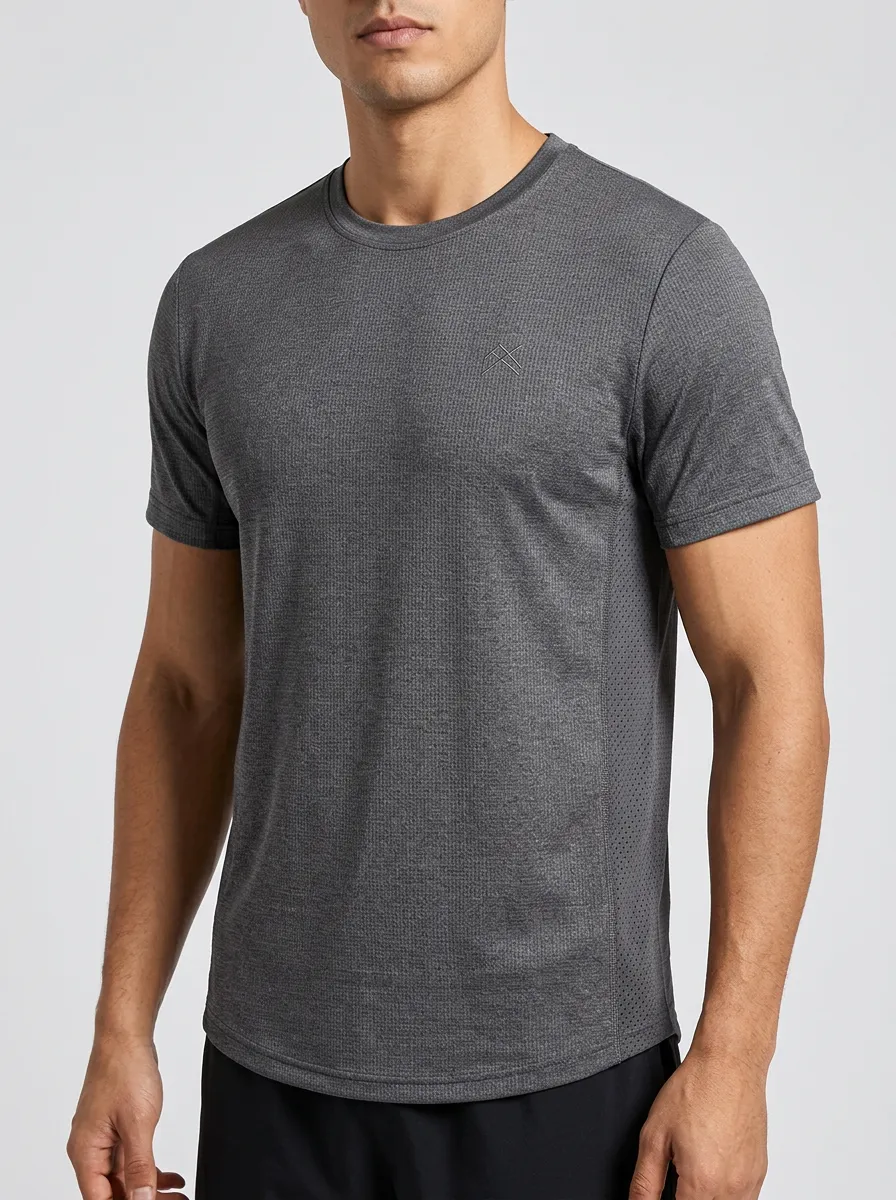 Men's Emblem Athletic Mesh Textured Performance Sport Crewneck T-Shirt