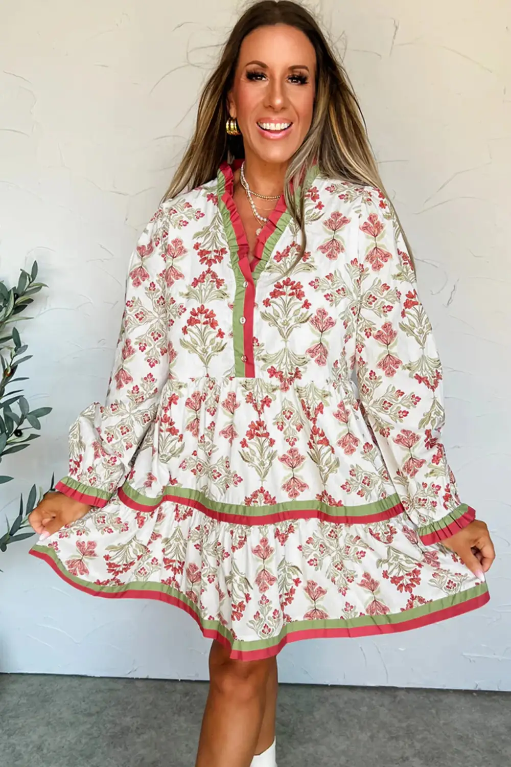 Textured Detail Floral Printed Ruffle Dress