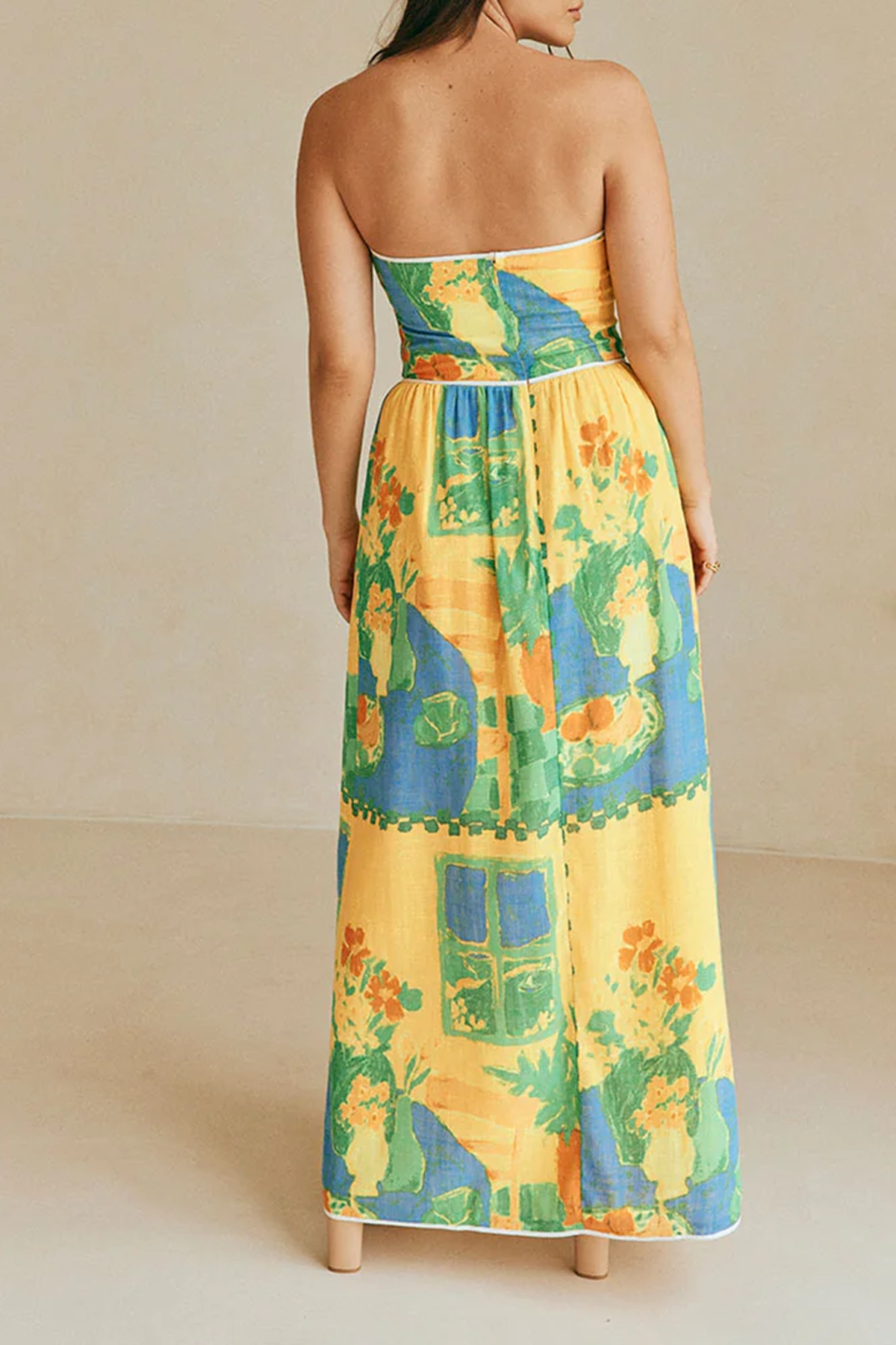 Color Blocked Strapless Slit Midi Dress