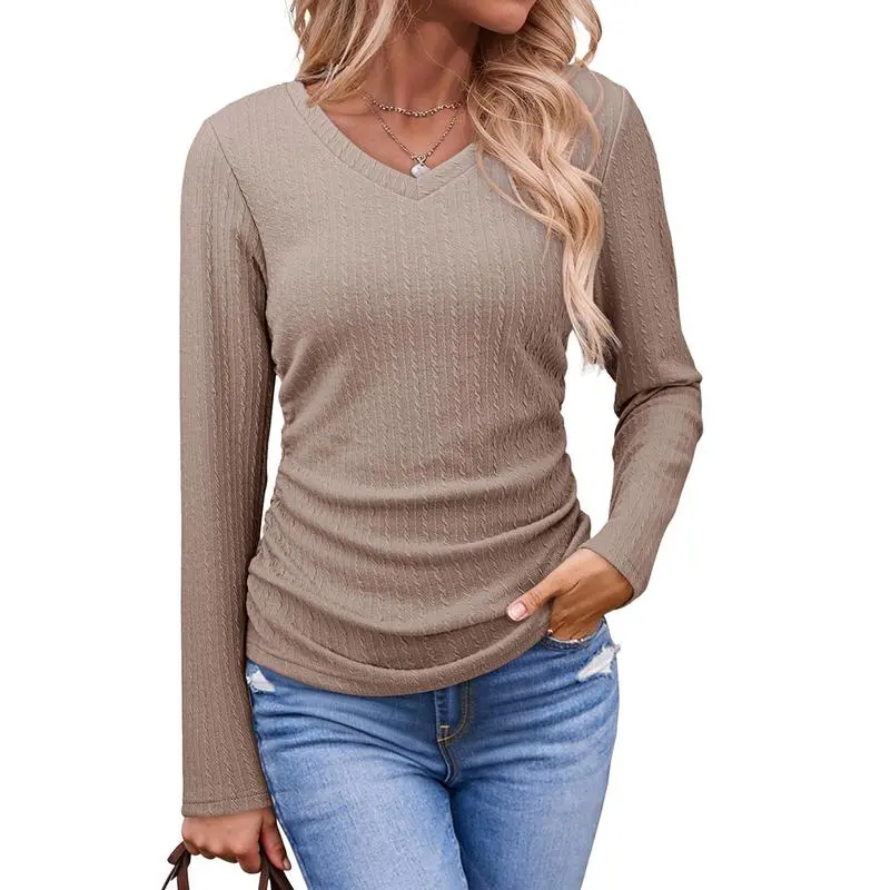 Womens Tops Casual V Neck Long Sleeve Shirts for Women Fashion Solid Ruched Basic Tunics Blouses