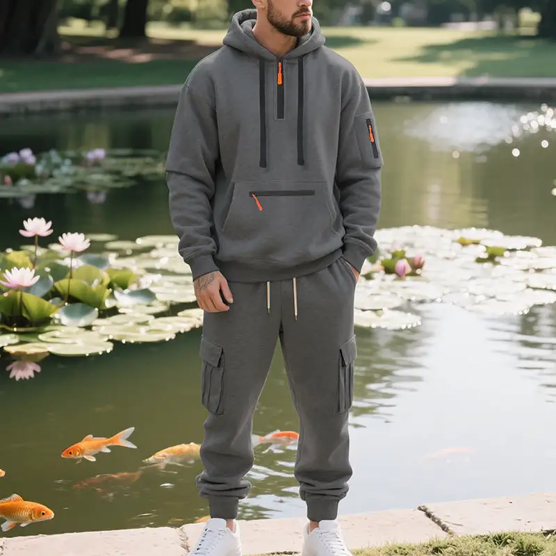 Men's Urban Cargo Tracksuit with Hooded Hoodie and Zipper Pockets Cargo Pants