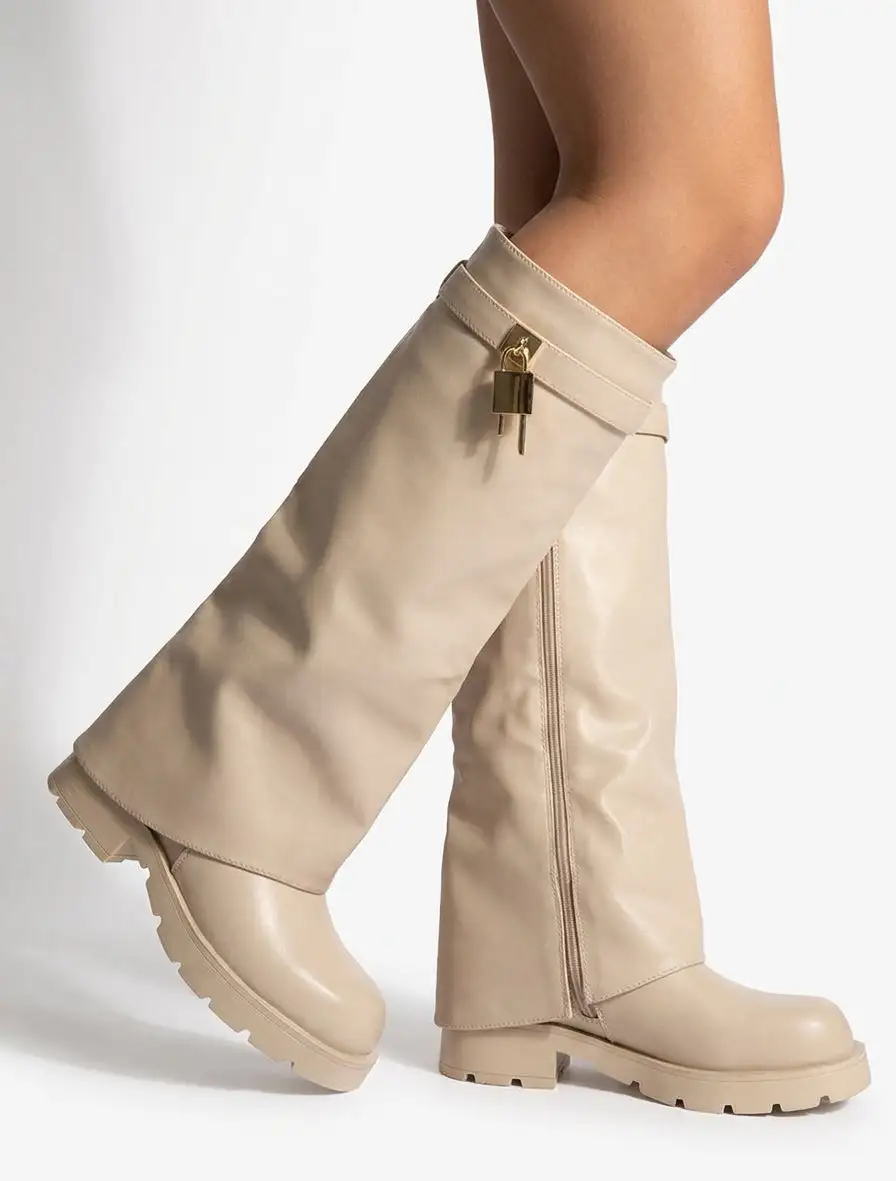 Contemporary Block Heel Fold-Over Faux Leather Knee High Boots
