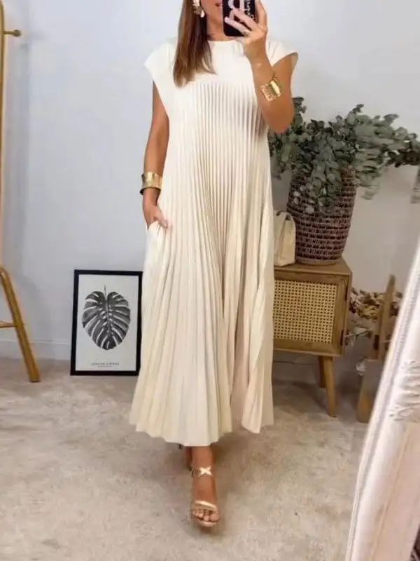 High Color Pleated Neck Maxi Dress