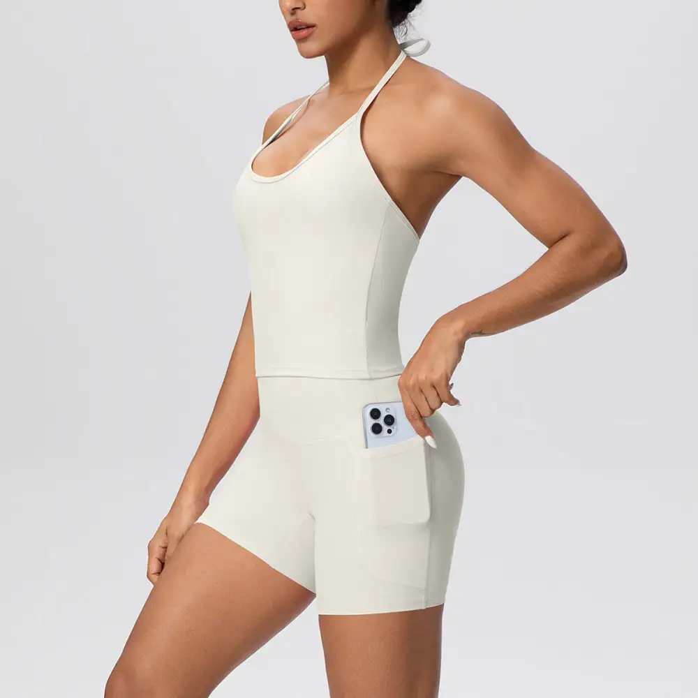 Halter-Neck Backless Top, Vest and Shorts Active Set