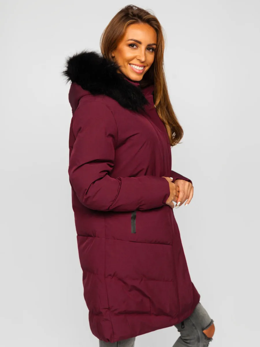 Wine Women's Quilted Winter Jacket With Hood