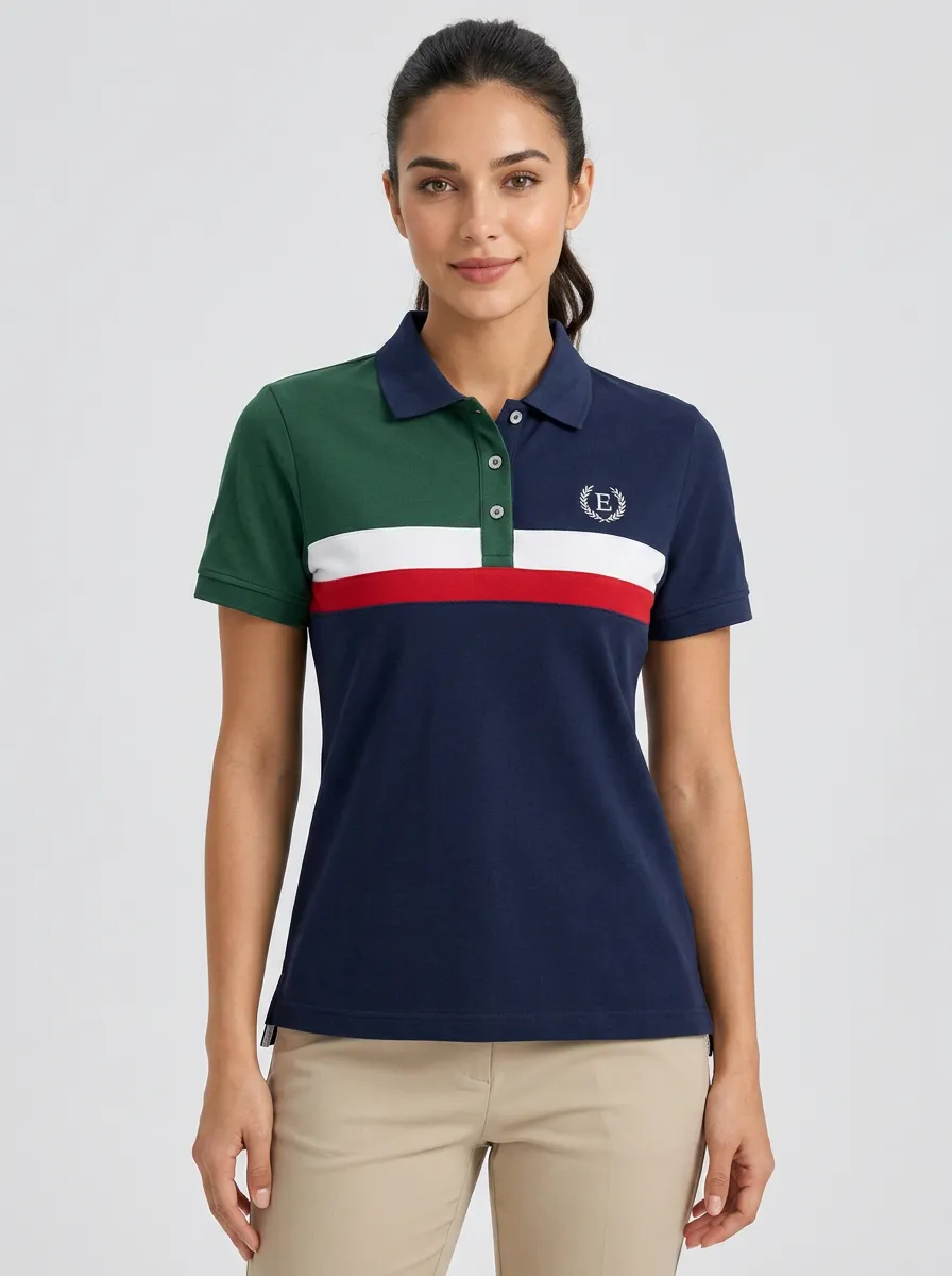 Women's Casual Sporty Colorblock E-Logo Printed Polo Shirt