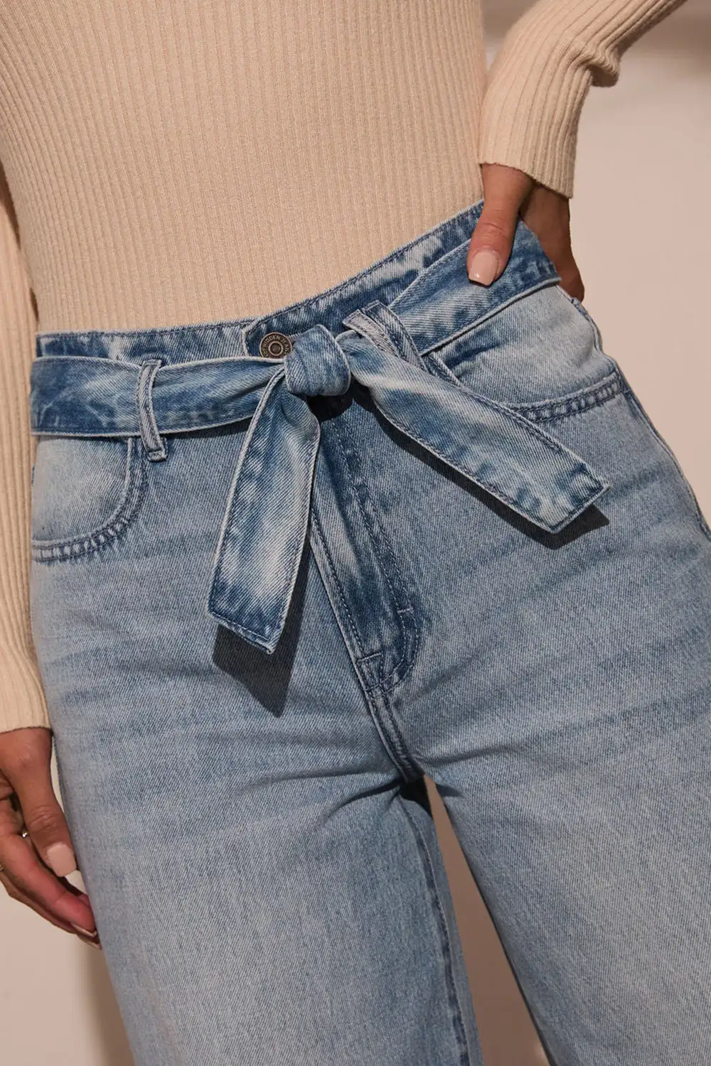 Tied Wide Leg Pocket Denim Jeans