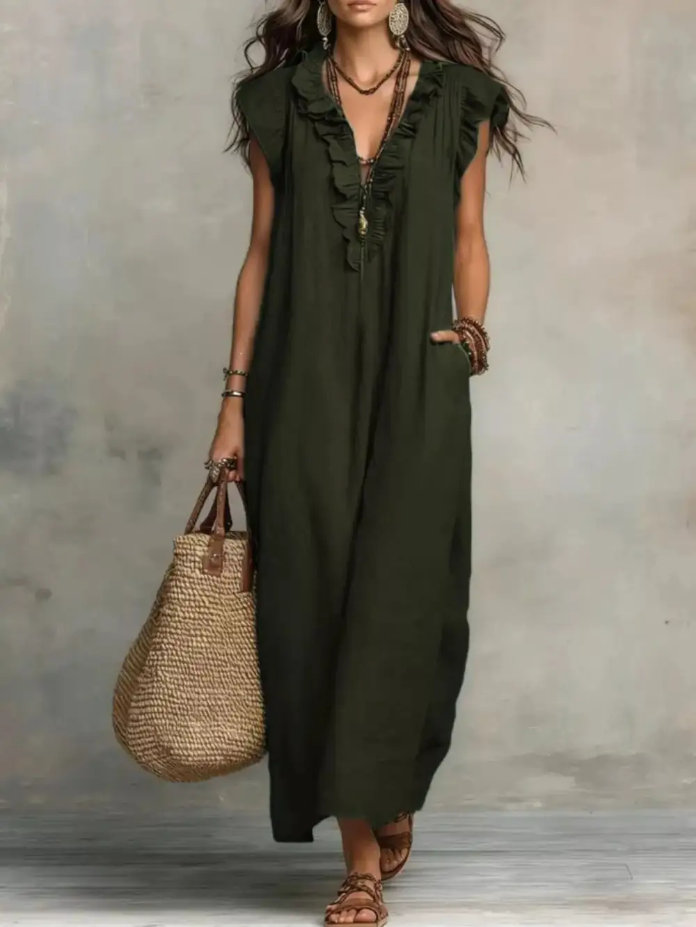 V-Neck Pocketed Maxi Dress