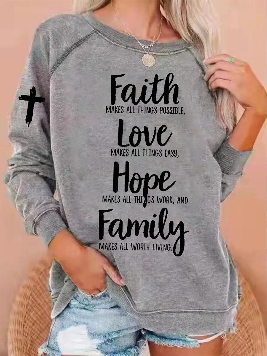 Women's Faith Love Hope Family Cross Print Sweatshirt