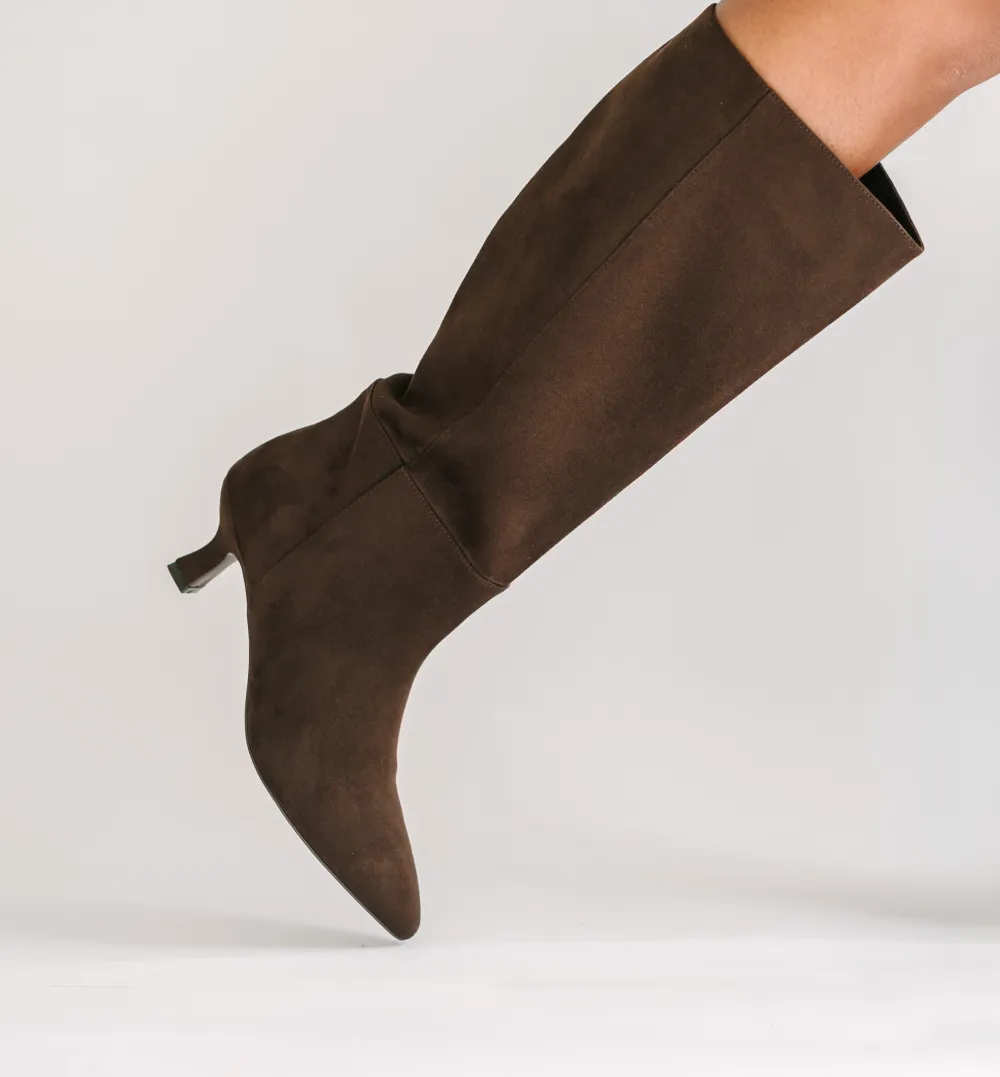 Faux Leather Pointed Toe Kitten Heel Knee High Boots
